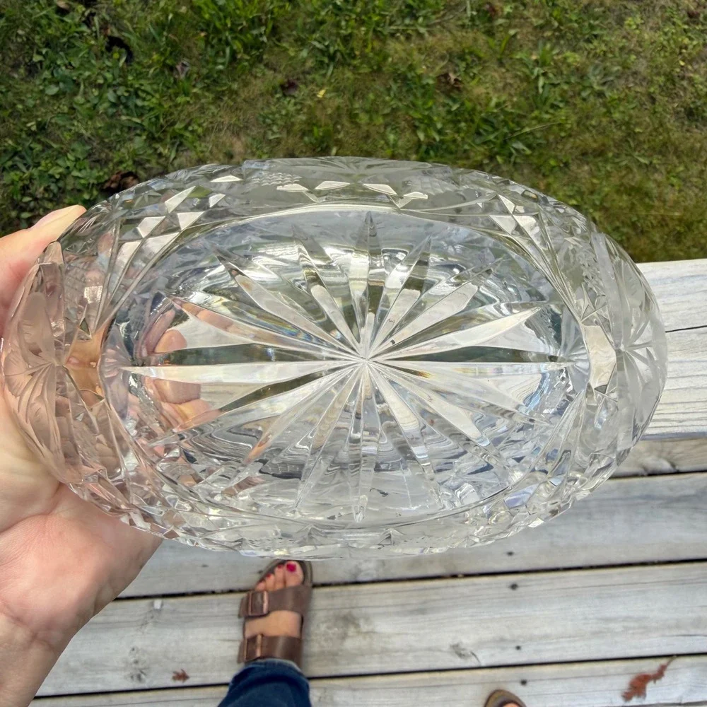 Vintage Cut Crystal Glass Basket Frosted Floral Etched Centerpiece with Handle